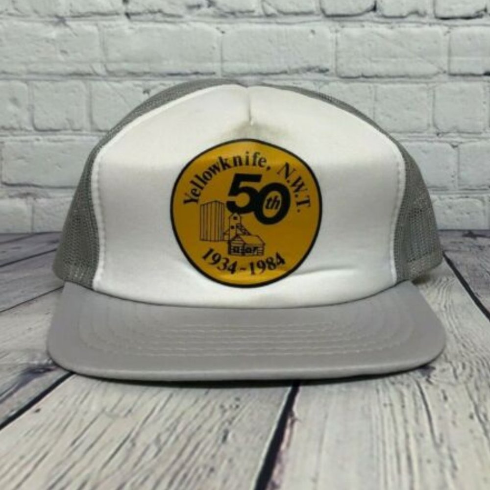 Vintage Hat Cap Snapback Gray Yellowknife N.W.T. 50th 1934 - 1984 Trucker Mesh